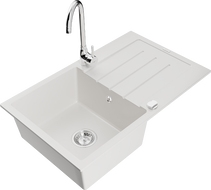 Mexen Bruno granite kitchen sink 1-bowl with drainer and Telma kitchen faucet, white - 6513-20-670200-00