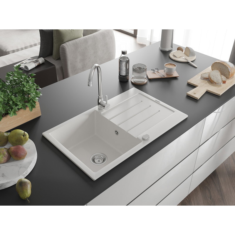 Mexen Bruno granite kitchen sink 1-bowl with drainer and Telma kitchen faucet, white - 6513-20-670200-00