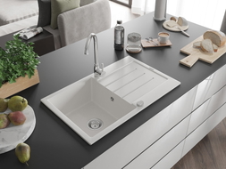 Mexen Bruno granite kitchen sink 1-bowl with drainer and Telma kitchen faucet, white - 6513-20-670200-00