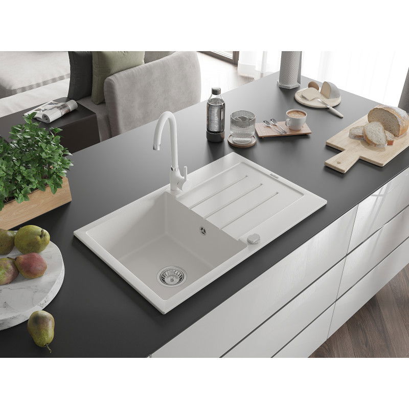 Mexen Bruno granite sink 1-bowl with drainer and Telma kitchen tap, white - 6513-20-670200-20