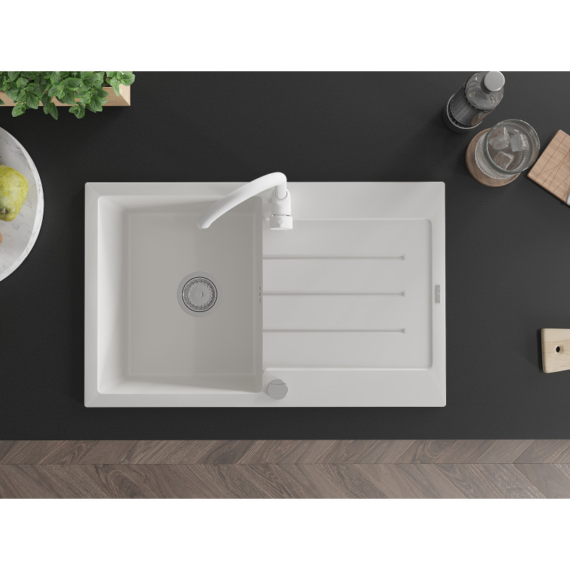 Mexen Bruno 1-bowl Granite Sink with Drainer and Telma Kitchen Faucet, White - 6513-20-670200-20