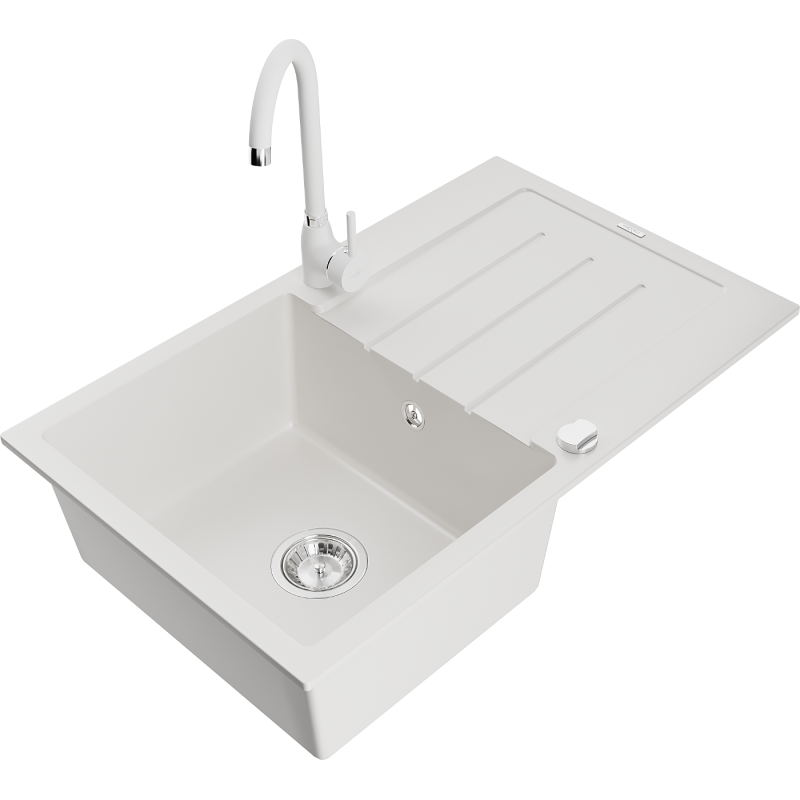 Mexen Bruno 1-compartment granite sink with a drip tray and kitchen mixer tap Telma, White - 6513-20-670200-20