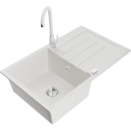 Mexen Bruno 1-compartment granite sink with a drip tray and kitchen mixer tap Telma, White - 6513-20-670200-20