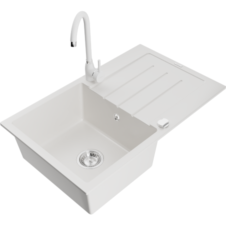 Mexen Bruno granite sink 1-bowl with drainer and Telma kitchen tap, white - 6513-20-670200-20