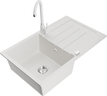Mexen Bruno 1-compartment granite sink with a drip tray and kitchen mixer tap Telma, White - 6513-20-670200-20