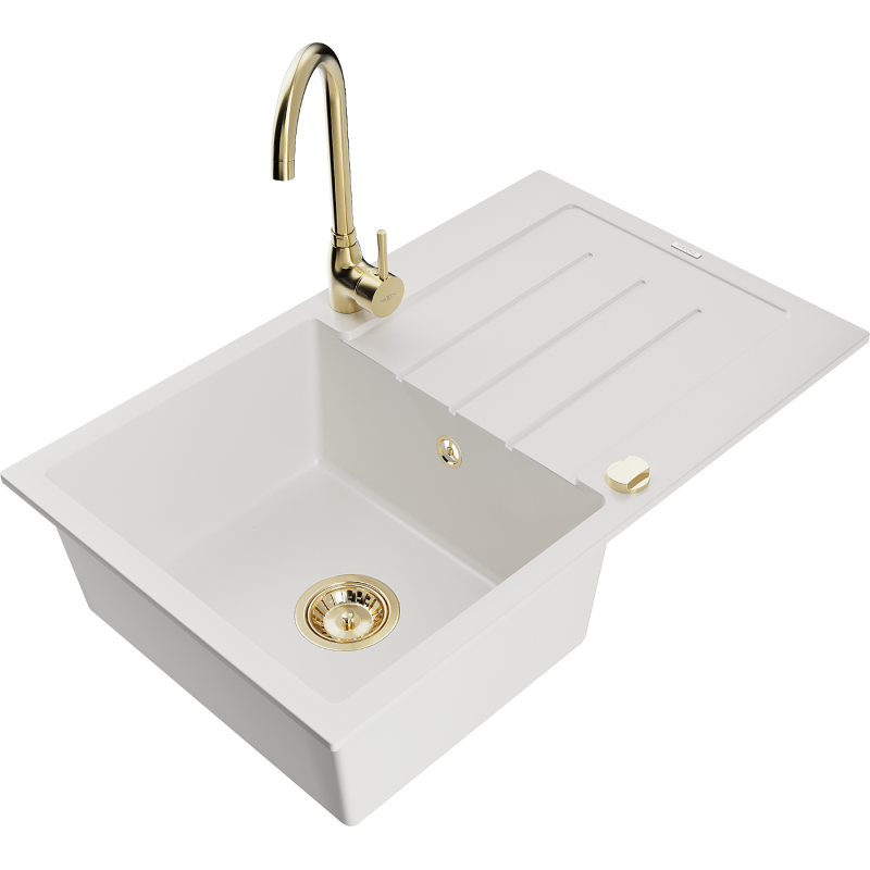 Mexen Bruno granite single-bowl sink with drainer and Telma kitchen faucet, white - 6513-20-670200-50