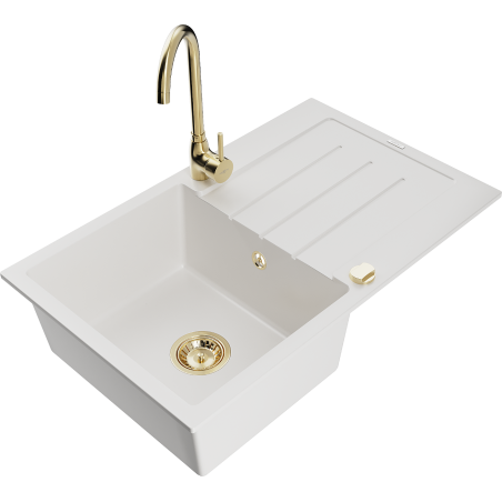 Mexen Bruno granite single-bowl sink with drainer and Telma kitchen faucet, white - 6513-20-670200-50
