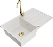 Mexen Bruno granite single-bowl sink with drainer and Telma kitchen faucet, white - 6513-20-670200-50