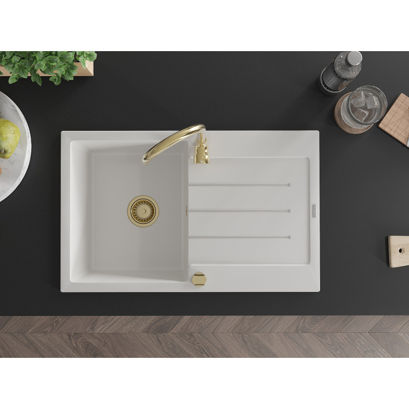 Mexen Bruno granite single-bowl sink with drainer and Telma kitchen faucet, white - 6513-20-670200-50