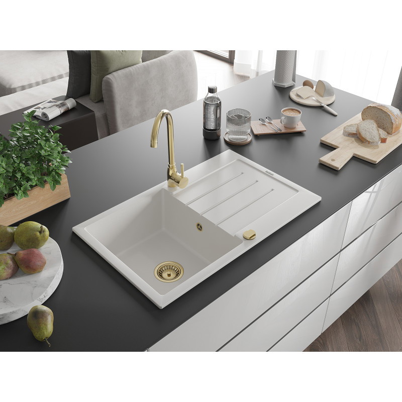 Mexen Bruno granite single-bowl sink with drainer and Telma kitchen faucet, white - 6513-20-670200-50