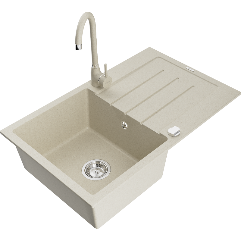 Mexen Bruno 1-compartment granite sink with a drip tray and kitchen mixer tap Telma, Beige - 6513-69-670200-69