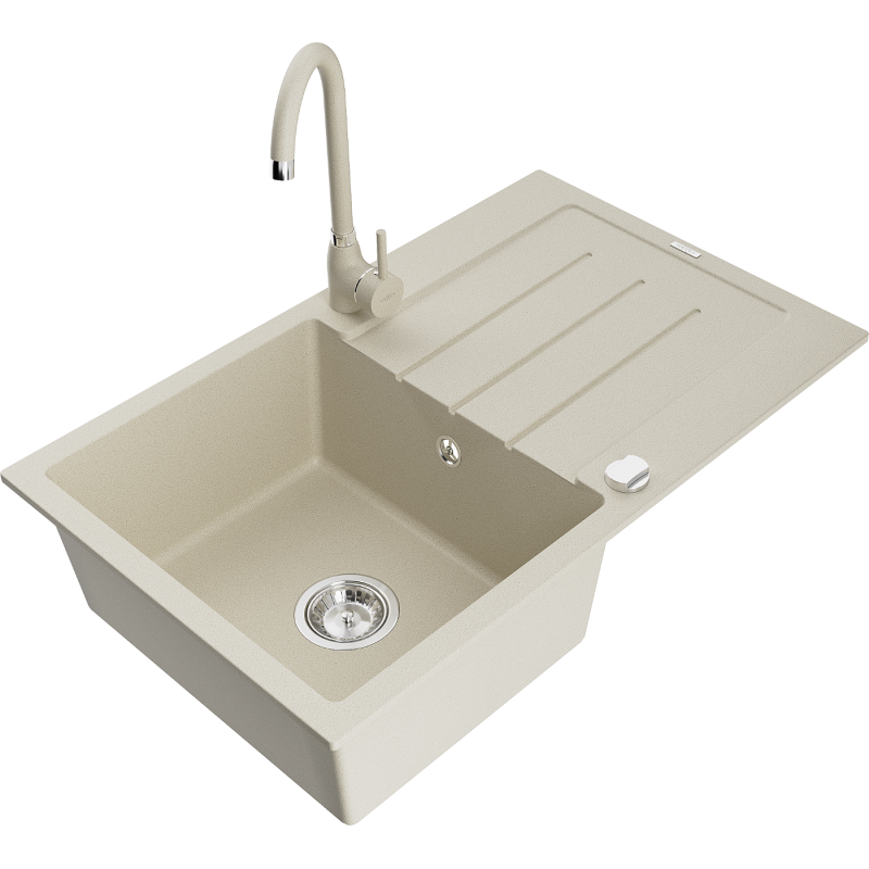 Mexen Bruno granite kitchen sink 1-bowl with drainer and Telma kitchen tap, beige - 6513-69-670200-69