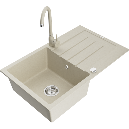 Mexen Bruno granite kitchen sink 1-bowl with drainer and Telma kitchen tap, beige - 6513-69-670200-69