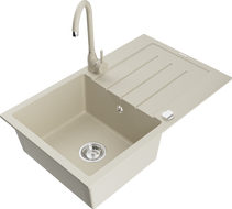 Mexen Bruno 1-compartment granite sink with a drip tray and kitchen mixer tap Telma, Beige - 6513-69-670200-69