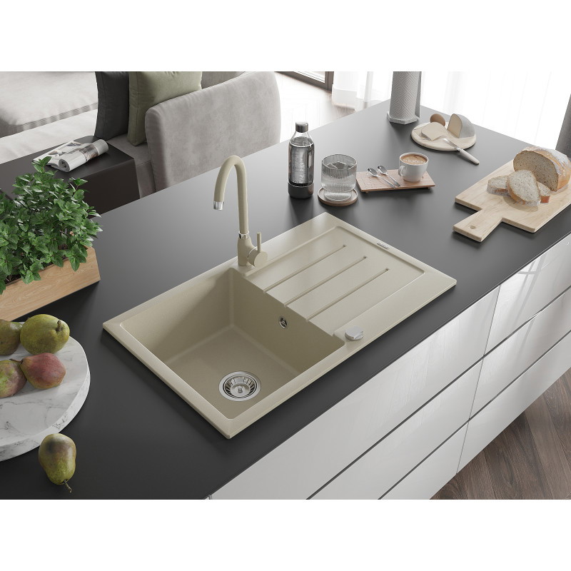 Mexen Bruno 1-bowl granite sink with drainer and Telma kitchen faucet, beige - 6513-69-670200-69