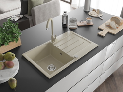 Mexen Bruno 1-bowl granite sink with drainer and Telma kitchen faucet, beige - 6513-69-670200-69
