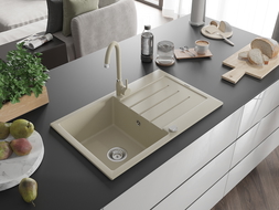 Mexen Bruno 1-compartment granite sink with a drip tray and kitchen mixer tap Telma, Beige - 6513-69-670200-69