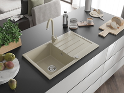 Mexen Bruno granite kitchen sink 1-bowl with drainer and Telma kitchen tap, beige - 6513-69-670200-69