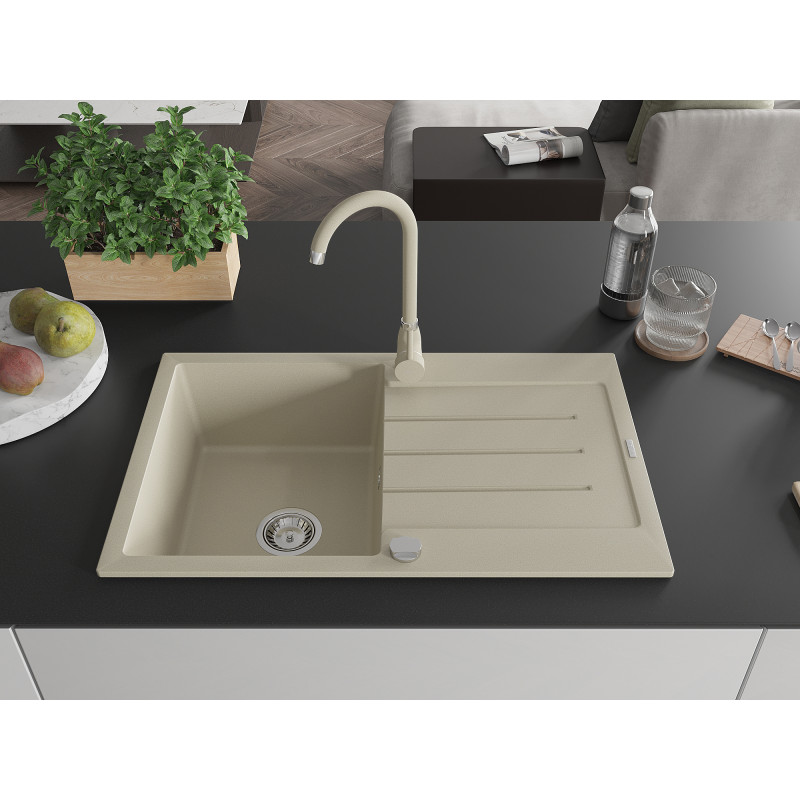 Mexen Bruno 1-bowl granite sink with drainer and Telma kitchen faucet, beige - 6513-69-670200-69