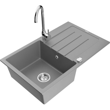 Mexen Bruno 1-bowl granite sink with drainer and Telma kitchen tap, grey - 6513-71-670200-00
