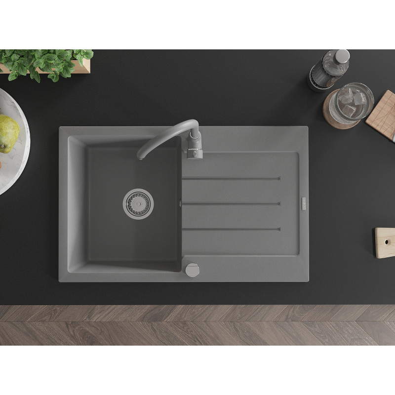 Mexen Bruno granite kitchen sink 1-bowl with drainer and Telma kitchen faucet, gray - 6513-71-670200-71