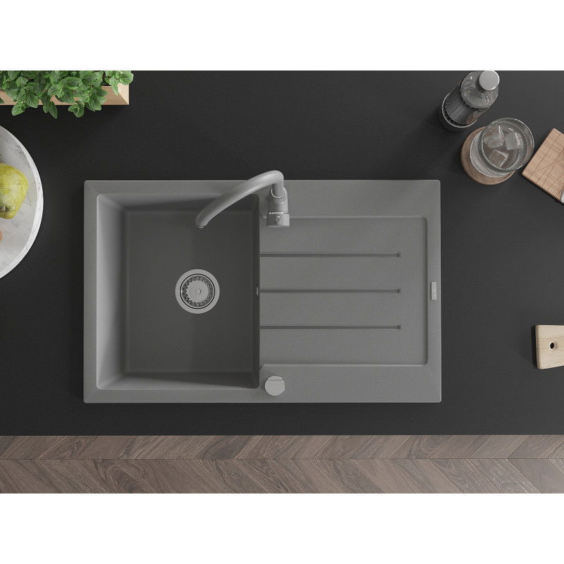 Mexen Bruno granite kitchen sink with 1 bowl and drainer and Telma kitchen tap, grey - 6513-71-670200-71