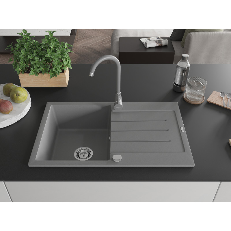 Mexen Bruno granite kitchen sink 1-bowl with drainer and Telma kitchen faucet, gray - 6513-71-670200-71