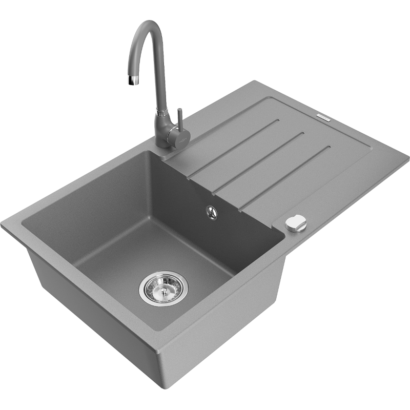 Mexen Bruno granite kitchen sink 1-bowl with drainer and Telma kitchen faucet, gray - 6513-71-670200-71