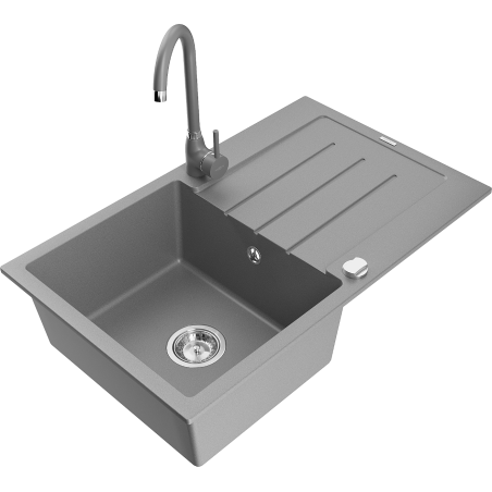 Mexen Bruno granite kitchen sink 1-bowl with drainer and Telma kitchen faucet, gray - 6513-71-670200-71