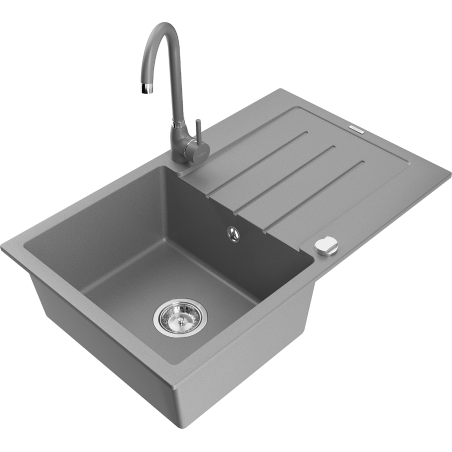 Mexen Bruno granite kitchen sink with 1 bowl and drainer and Telma kitchen tap, grey - 6513-71-670200-71