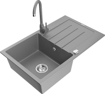Mexen Bruno granite kitchen sink 1-bowl with drainer and Telma kitchen faucet, gray - 6513-71-670200-71