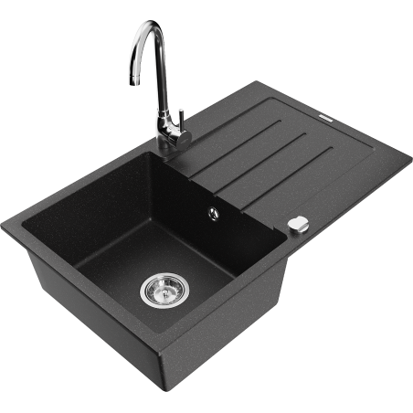 Mexen Bruno granite sink 1-bowl with drainer and Telma kitchen faucet, black/silver - 6513-73-670200-00