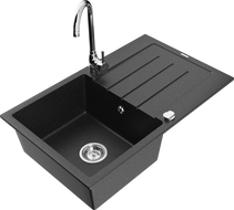 Mexen Bruno granite sink 1-bowl with drainer and Telma kitchen faucet, black/silver - 6513-73-670200-00