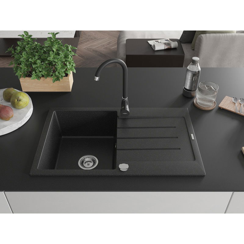 Mexen Bruno granite sink 1-bowl with drainer and Telma kitchen tap, black/silver - 6513-73-670200-70