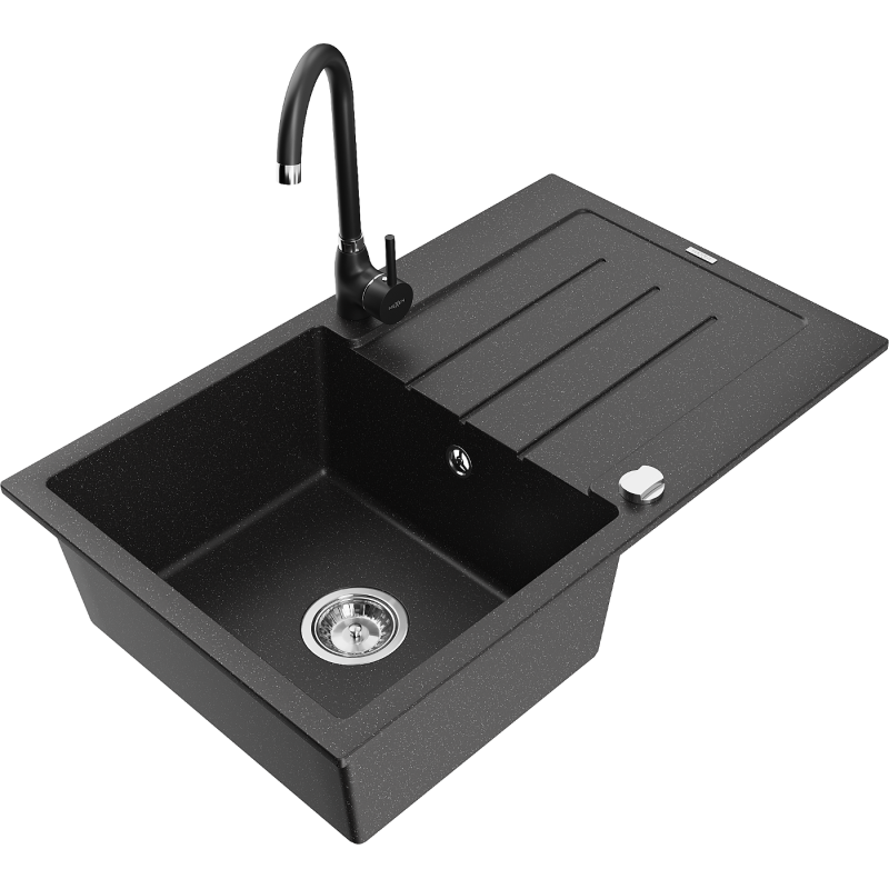 Mexen Bruno granite sink 1-bowl with drainer and Telma kitchen tap, black/silver - 6513-73-670200-70