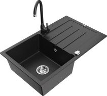 Mexen Bruno 1-bowl granite sink with drainer and Telma kitchen faucet, black/silver - 6513-73-670200-70