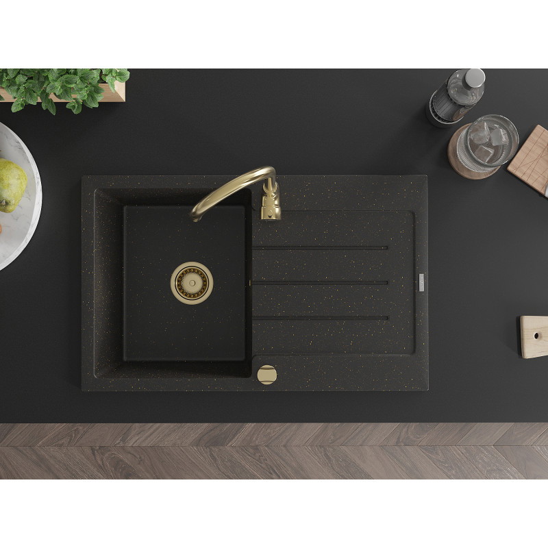 Mexen Bruno granite kitchen sink 1-bowl with drainer and kitchen faucet Telma, black/gold - 6513-75-670200-50