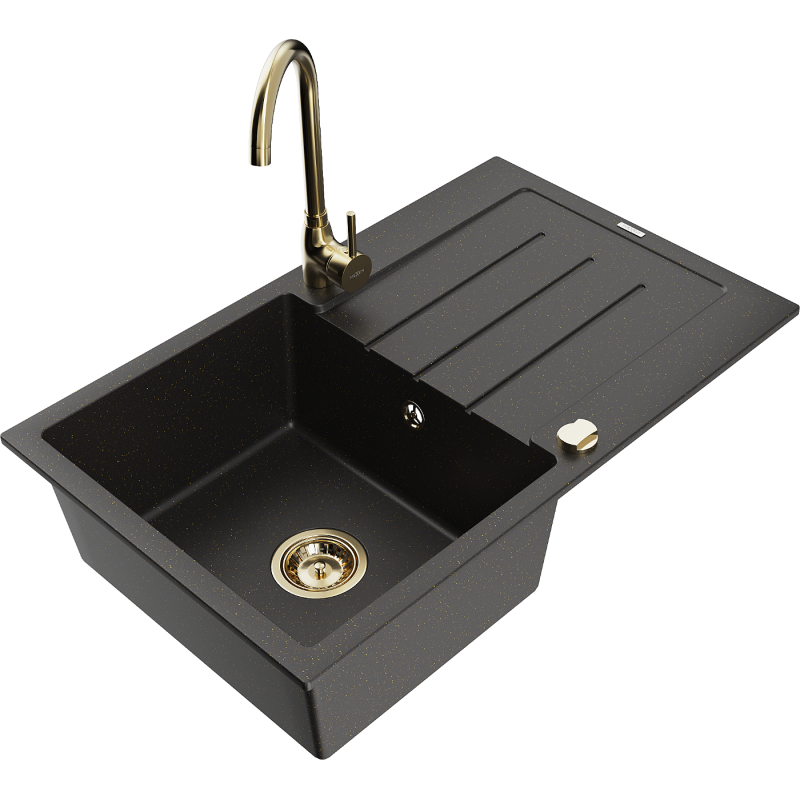 Mexen Bruno 1-compartment granite sink with a drip tray and kitchen mixer tap Telma, Black/Gold - 6513-75-670200-50