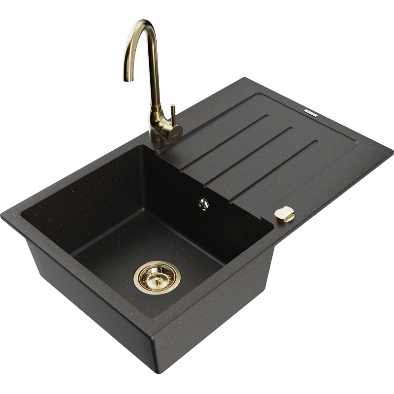 Mexen Bruno granite sink 1-bowl with drainer and Telma kitchen tap, black/gold - 6513-75-670200-50
