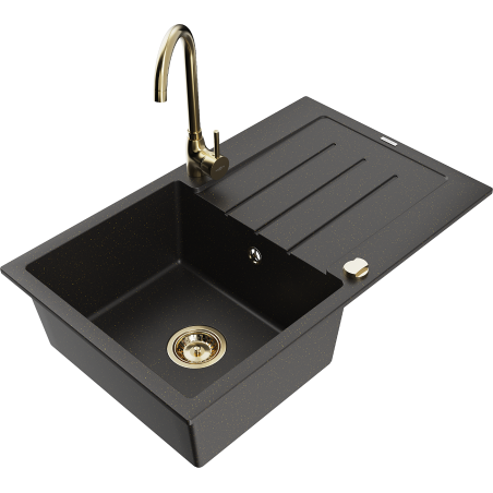Mexen Bruno 1-compartment granite sink with a drip tray and kitchen mixer tap Telma, Black/Gold - 6513-75-670200-50