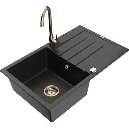 Mexen Bruno granite sink 1-bowl with drainer and Telma kitchen tap, black/gold - 6513-75-670200-50