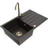 Mexen Bruno granite sink 1-bowl with drainer and Telma kitchen tap, black/gold - 6513-75-670200-50