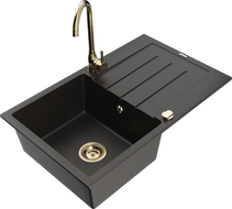 Mexen Bruno 1-compartment granite sink with a drip tray and kitchen mixer tap Telma, Black/Gold - 6513-75-670200-50