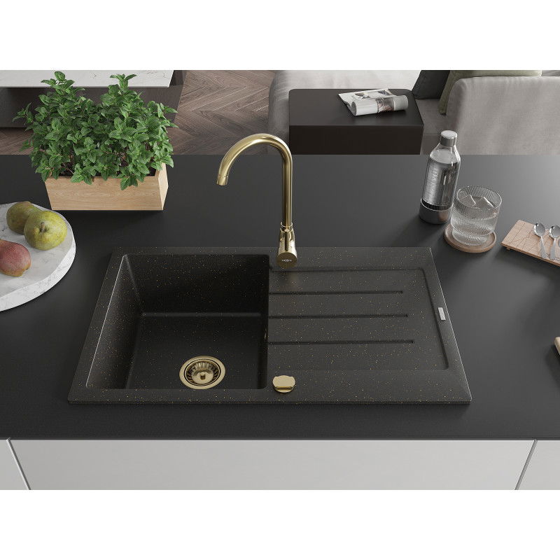 Mexen Bruno granite sink 1-bowl with drainer and Telma kitchen tap, black/gold - 6513-75-670200-50