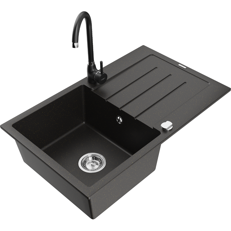 Mexen Bruno granite 1-bowl sink with drainer and Telma kitchen faucet, black/gold - 6513-75-670200-70