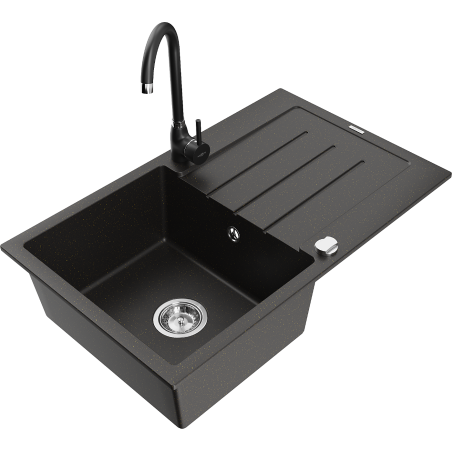 Mexen Bruno granite 1-bowl sink with drainer and Telma kitchen faucet, black/gold - 6513-75-670200-70