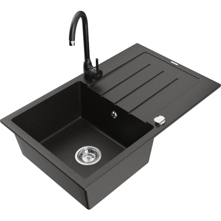 Mexen Bruno granite kitchen sink 1-bowl with drainer and Telma kitchen tap, black/gold - 6513-75-670200-70