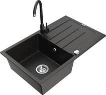 Mexen Bruno granite 1-bowl sink with drainer and Telma kitchen faucet, black/gold - 6513-75-670200-70