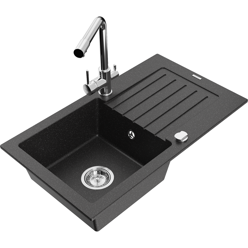 Mexen Pablo granite kitchen sink with 1 bowl, drainer, and Duero kitchen tap, black/silver metallic - 6510-73-671600-00