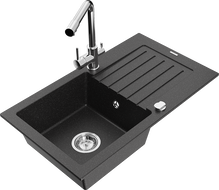 Mexen Pablo granite kitchen sink with 1 bowl, drainer, and Duero kitchen tap, black/silver metallic - 6510-73-671600-00
